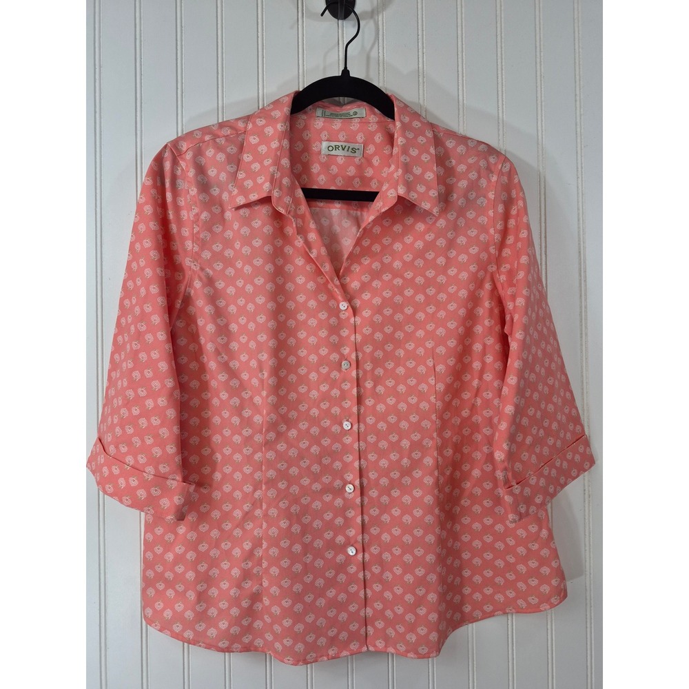 NWOT Orvis Women Coral Pink Floral Block Print 3/4 Sleeve Button Down
Shirt 12